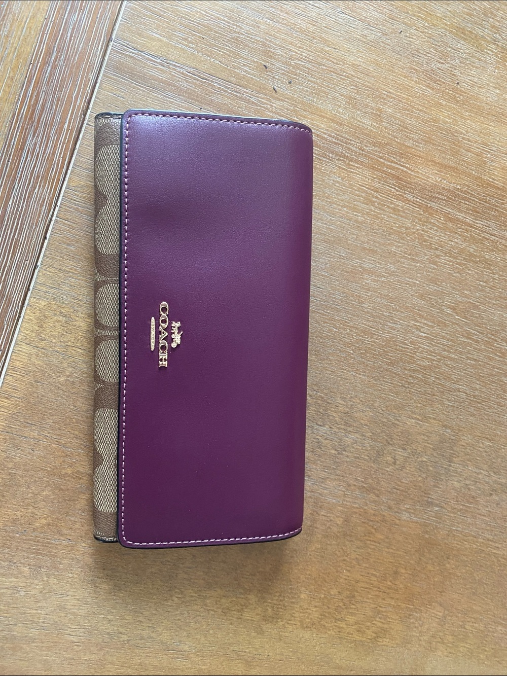 Coach Trifold Wallet in Signature Khaki / Deep Berry